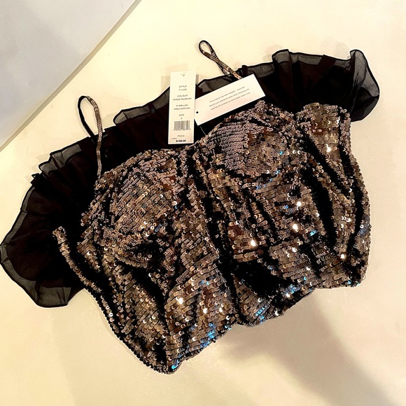 NWT (2/4/6/8/12)French Connection metallic sequin mini ruffle antique gold black - Picture 9 of 17